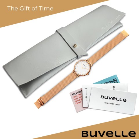 BUVELLE Elegance Rose Gold - Zegarek Damski z Okrągłą Tarczą i Bransoletką
