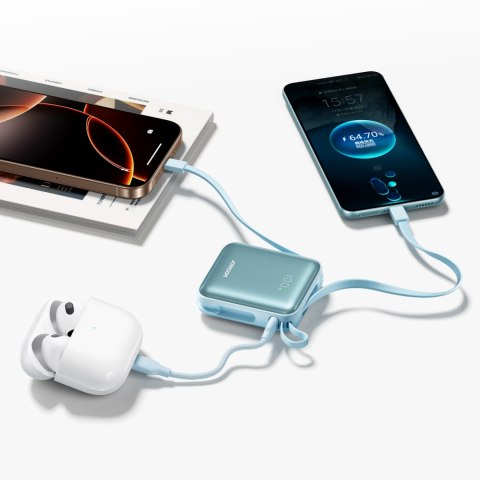 Powerbank 10000mAh 22.5W z wbudowanymi kablami - niebieski