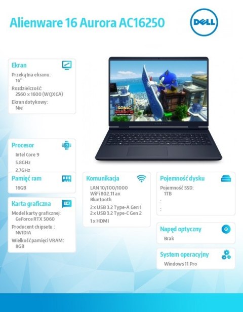 Laptop Alienware 16 Aurora AC16250 Win11Pro C9 270H/16GB/1TB/16.0 WQXGA/GeForce RTX 5060/WLAN + BT/Backlit Kb/6 Cell/3Y Basic On