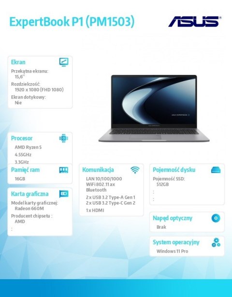 Laptop ExpertBook P1 PM1503CDA-S70019X R5 7535HS 16GB/512GB/Win11Pro/3Y