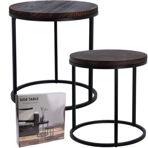 ZESTAW STOLIKÓW KAWOWYCH LOFT METAL DREWNO OKRĄGŁE BOCZNE 38/43CM