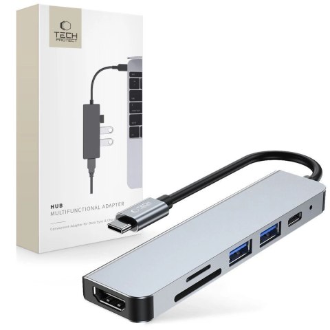 HUB Tech-Protect V4 6w1 USB-C - USB-A 3.0 / USB-A 2.0 / USB-C / HDMI / czytnik kart micro SD / TF / SD - szary