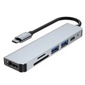 HUB Tech-Protect V4 6w1 USB-C - USB-A 3.0 / USB-A 2.0 / USB-C / HDMI / czytnik kart micro SD / TF / SD - szary