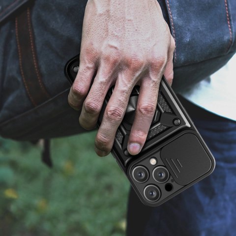 Etui Hybrid Armor Camshield na iPhone 16 Pro Max pancerne z osłoną na aparat z podstawką - czarne