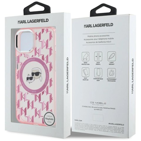Etui Karl Lagerfeld IML Monogram Karl & Choupette Head MagSafe na iPhone 15 Plus - różowe