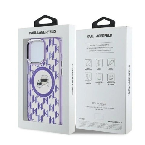 Etui Karl Lagerfeld IML Monogram Karl & Choupette Head MagSafe na iPhone 15 Pro - fioletowe