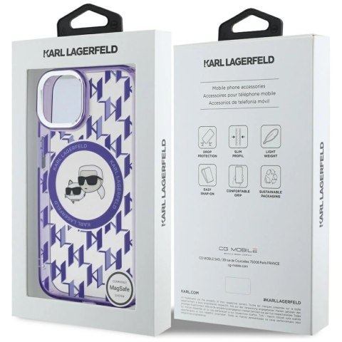 Etui Karl Lagerfeld IML Monogram Karl & Choupette Head MagSafe na iPhone 15 - fioletowe