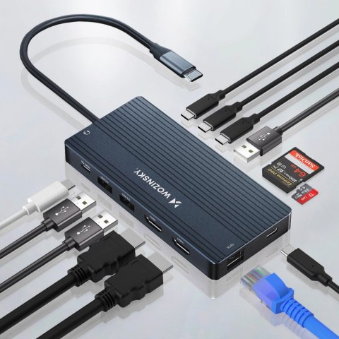 Hub USB-C 14 w 1 Wozinsky WDS03Y5S wielofunkcyjny, aluminiowy, do 3 monitorów, z kablem 15 cm - szary