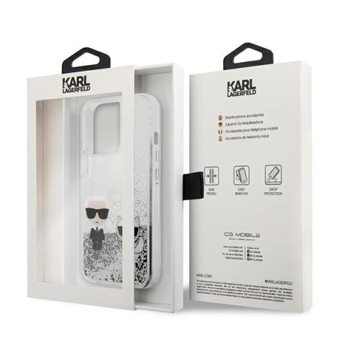 Etui Karl Lagerfeld Liquid Glitter Karl&Choupette na iPhone 13 Pro Max 6,7" - srebrne