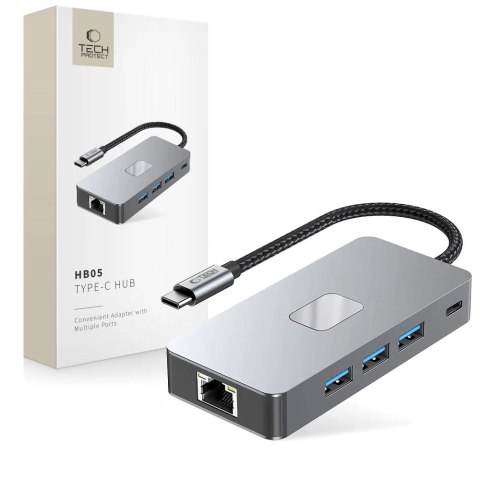 Adapter Tech-Protect HB05 HUB 9w1 USB-C + USB2.0 + USB3.0 + HDMI 4K 60HZ + SD / TF + PD100W + RJ45 - szary