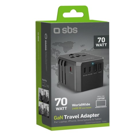 Adapter podróżny SBS uniwersalny GaN 70W 3xUSB-C 2xUSB-A z etui - czarny