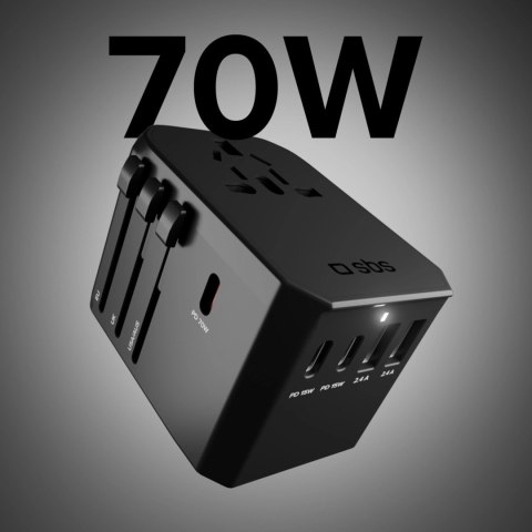 Adapter podróżny SBS uniwersalny GaN 70W 3xUSB-C 2xUSB-A z etui - czarny