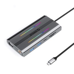 Stacja dokująca USB-C Orico XCR 12w1 RGB 3x USB-A USB-C PD 100W HDMI 4K VGA RJ45 Gigabit czytnik kart SD i microSD - szara