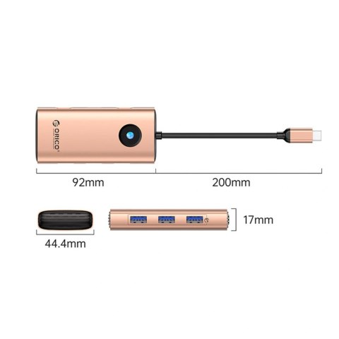 Stacja dokująca USB-C Orico PW11 6w1 3x USB-A 3.0 1x USB-C PD 100 W 1x HDMI 4K 30Hz 1x RJ45 Gigabit Ethernet - różowo-złota