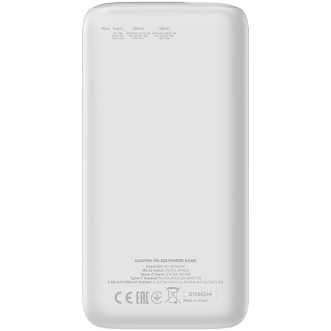 CANYON Powerbank PB-301 LED 30000 mAh PD 20W QC 3.0 Biały