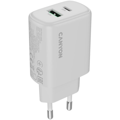 CANYON Ładowarka sieciowa OnCharge 200 20W 1xPD 1xQC EU Biała