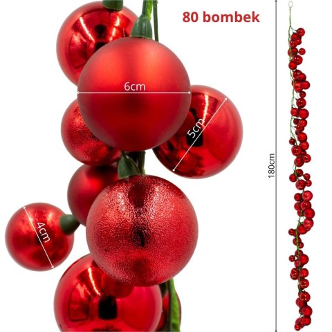 GAŁĄZKA GIRLANDA 180CM Z BOMBKAMI 80 SZT CZERWONA MICA