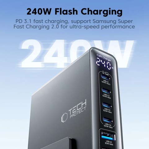 Stacja ładująca Tech-Protect DC240W-GaN 6 portów 4 x USB-C 2 x USB-A 240W QC3.0 - czarna