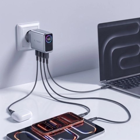 Ładowarka sieciowa Tech-Protect PowerVision NC140W-GaN 4-PORT PD 140W / QC3.0 - ciemnoszara